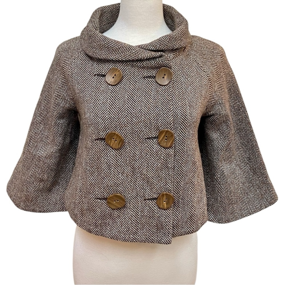 Jak & Rae Brown Wool Herringbone Cropped Double Breasted Coat Women's Size 0